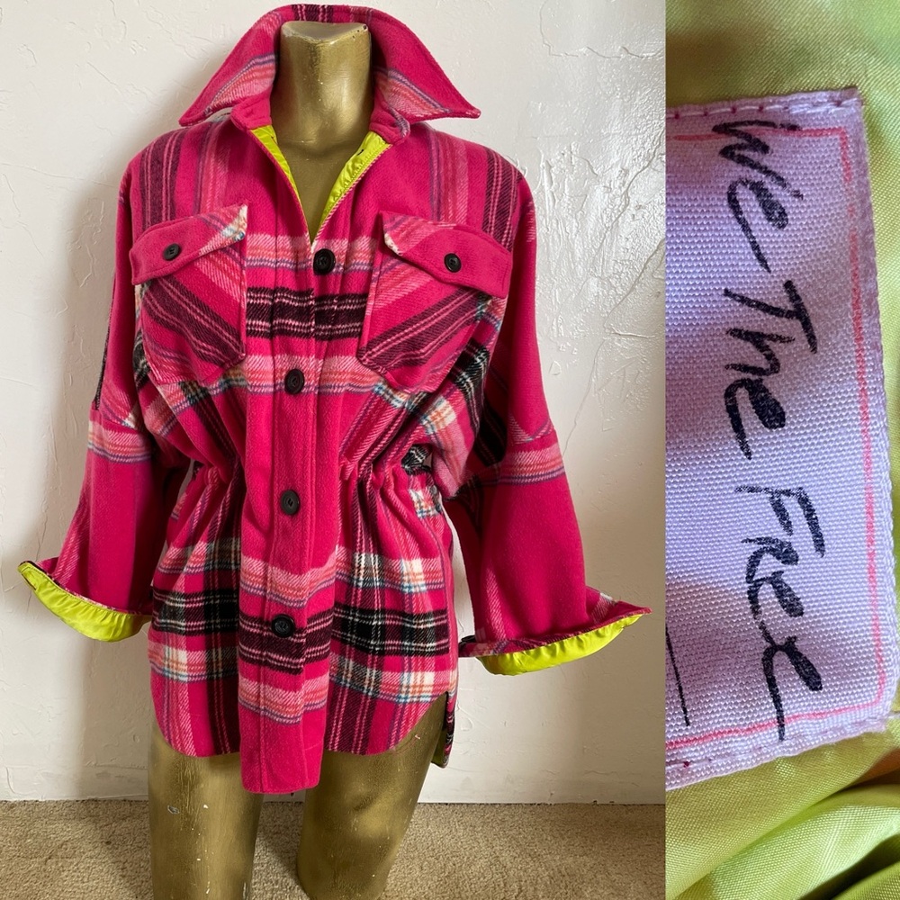 FREE PEOPLE Pink & Lime DOWN FOR YOU Plaid Shacket JACKET Size XS - Picture 2 of 16
